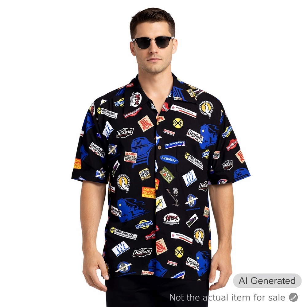 Train Print Camp Shirt Black Graphic Festival Streetwear Button Up L